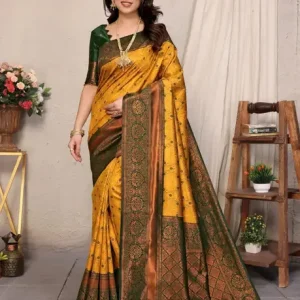 Apne rivajo Enterprise Woven Kanjivaram Silk Blend Saree (Mustard.Blue and Mauve)